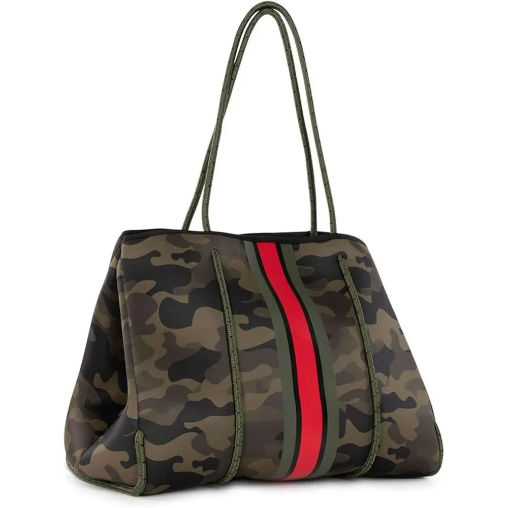 Haute Shore Greyson Soho Neoprene Tote Bag in Green Camo with Red Stripe (C4) - Picture 1 of 10
